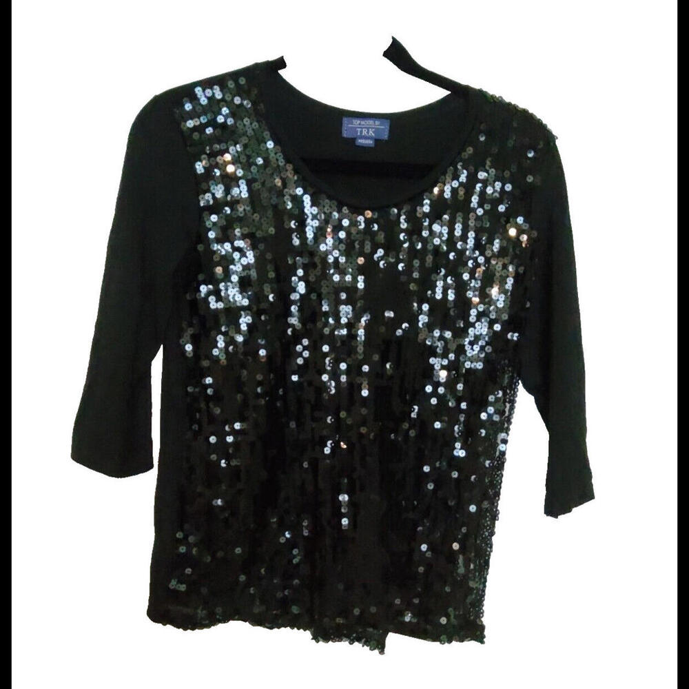 Top Model by TRK Ladies 3/4 Sleeve Black Sequin Shirt Lightweight Small